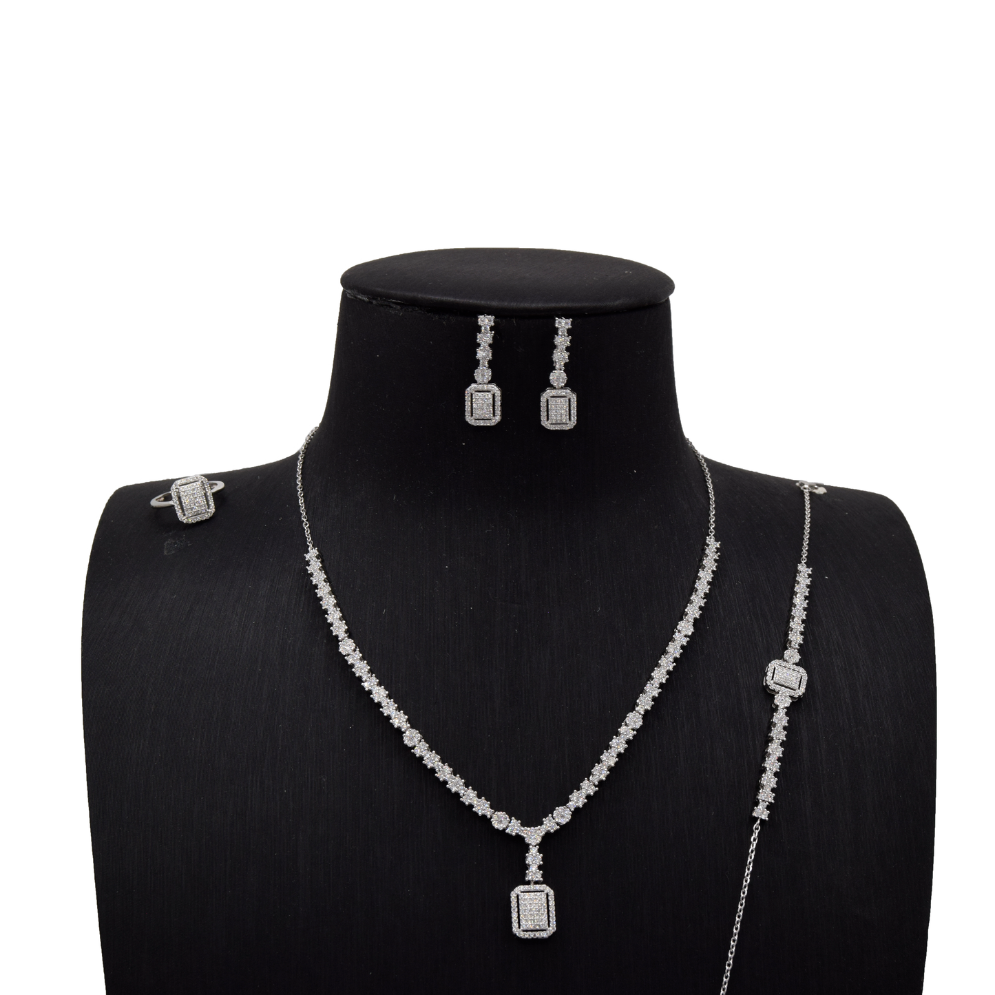 Sterling Silver Bridal Set Halo Pavé Rectangle Drop & Blossom Chain