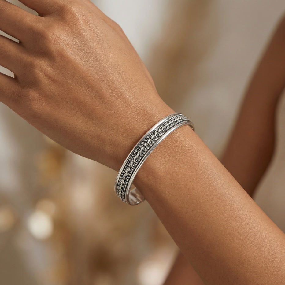 Beaded Braided Oxidized Silver Cuff