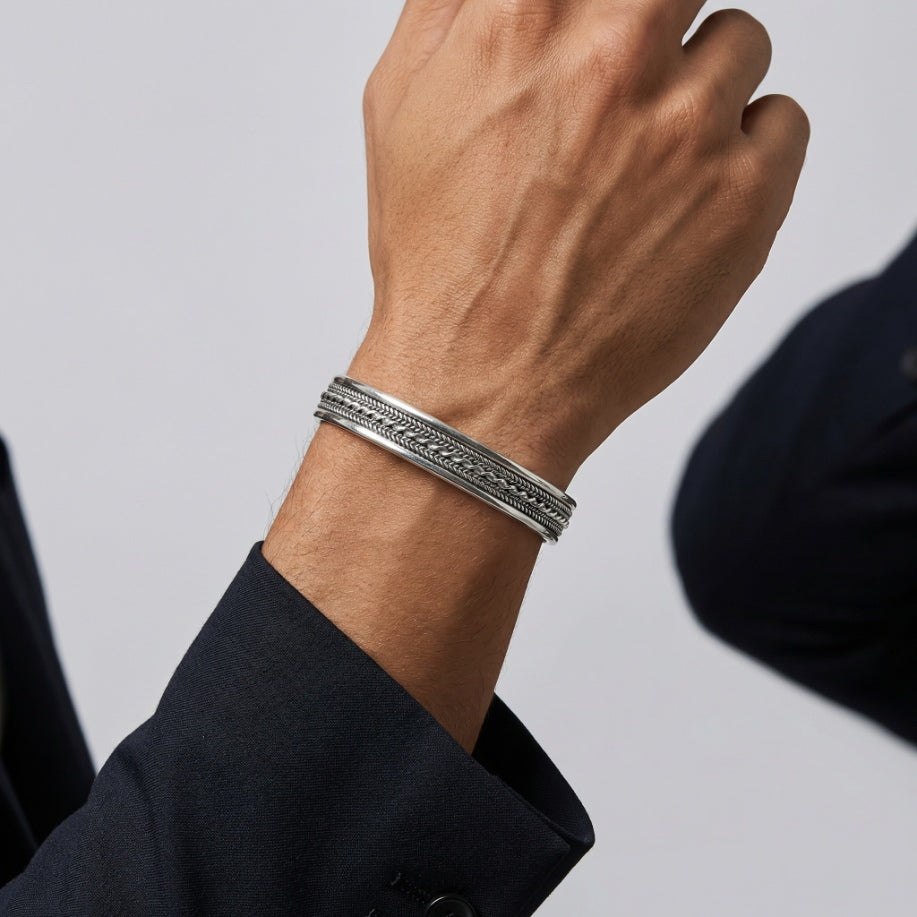 Beaded Braided Oxidized Silver Cuff