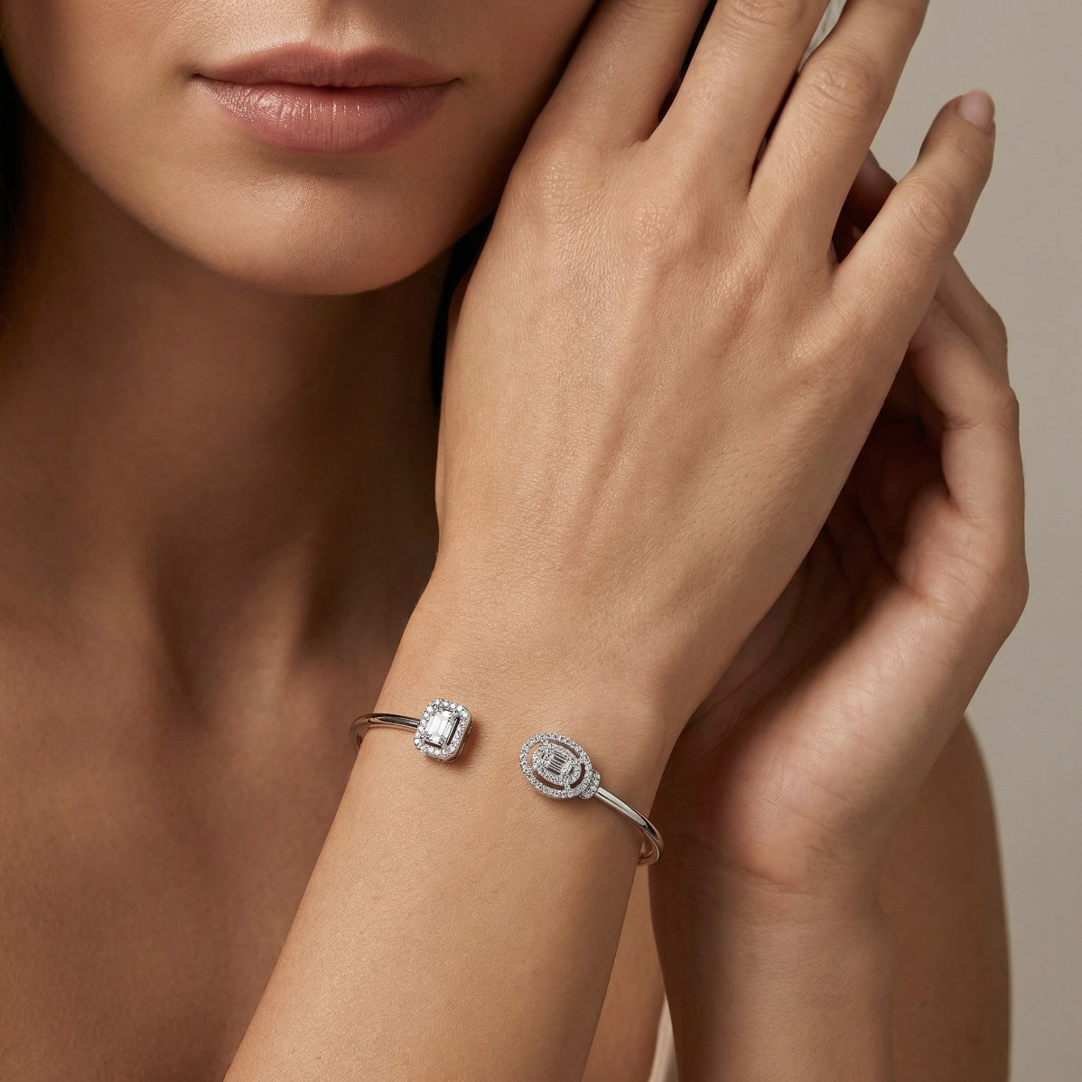 Vertical Emerald Cut & Round Halo Dual Form Bangle