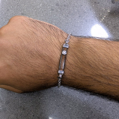 Black Leather Silver Chain Bracelet