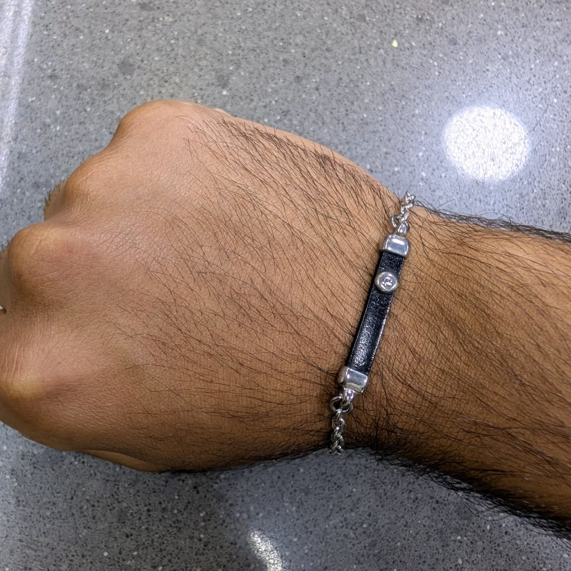 Black Leather Silver Chain Bracelet