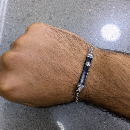 Black Leather Silver Chain Bracelet