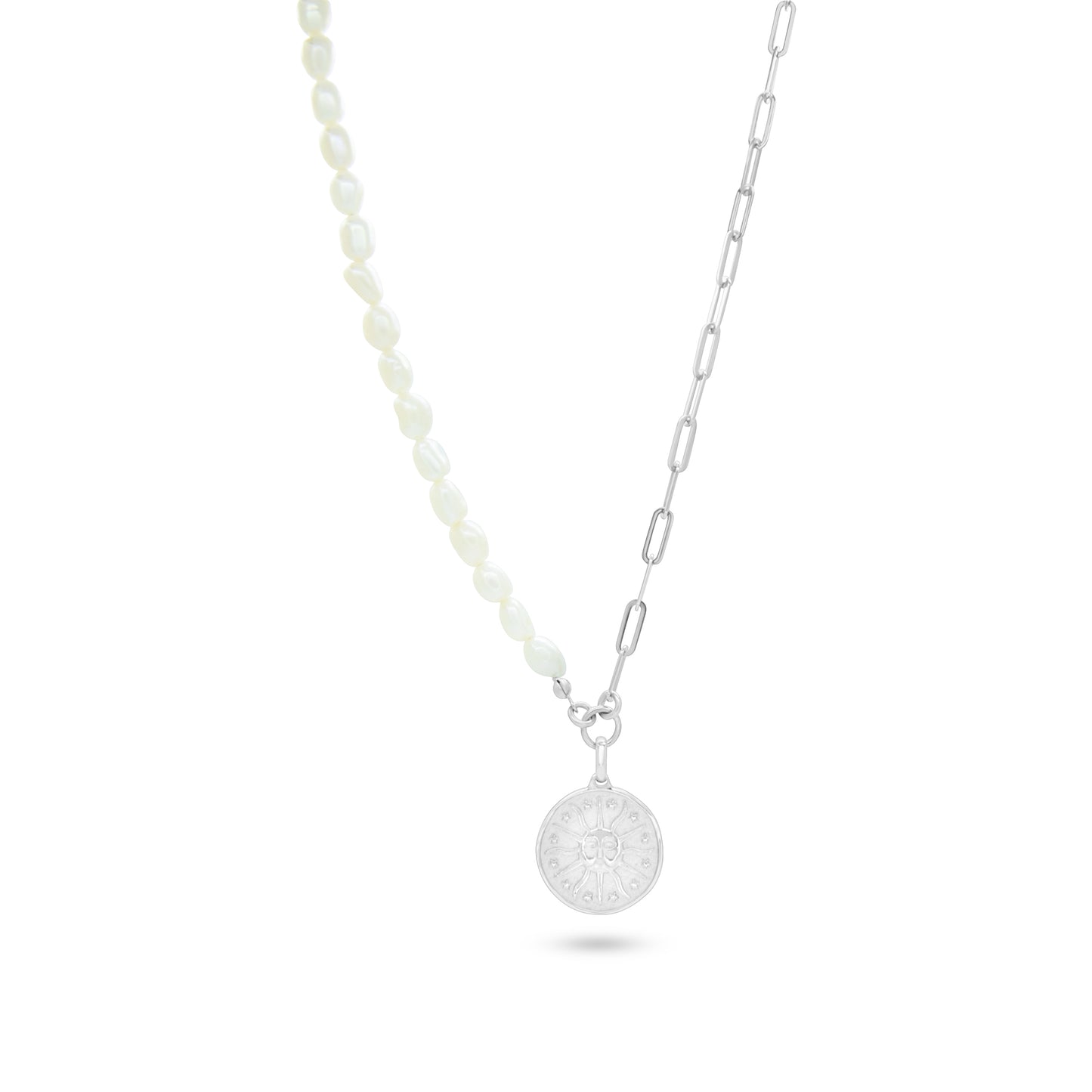 Pearl & Chain Necklace with Sun Medallion