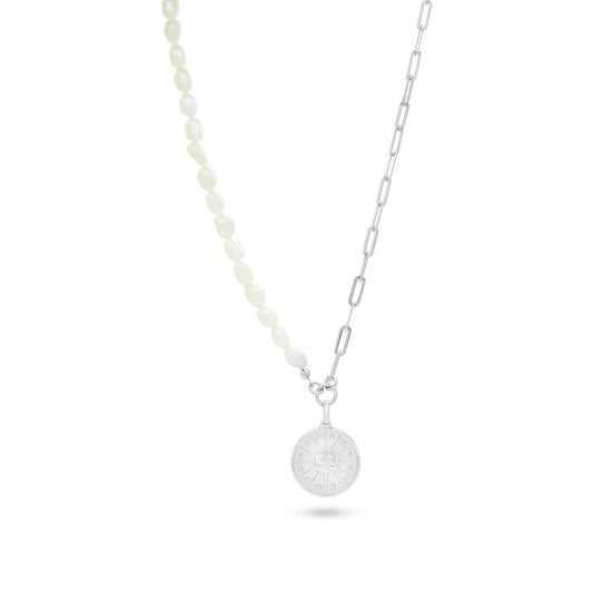 Pearl & Chain Necklace with Sun Medallion