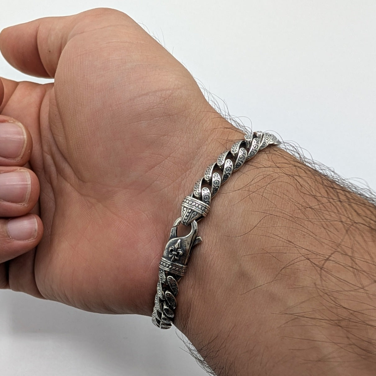 Engraved Curb Chain Men's Oxidized Bracelet
