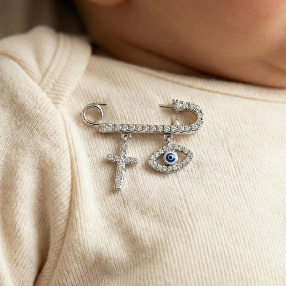 Baby Pin w Dangling Cross & Evile Eye