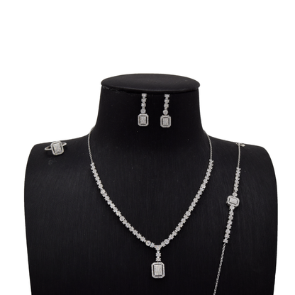 Sterling Silver Bridal Set Halo Pavé Rectangle Drop & Blossom Chain