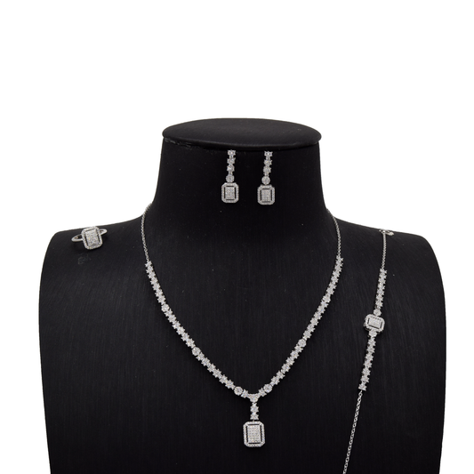 Sterling Silver Bridal Set Halo Pavé Rectangle Drop & Blossom Chain