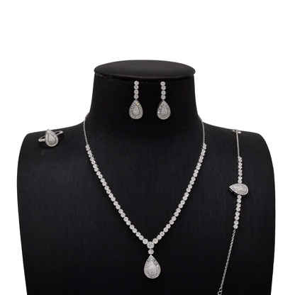 Sterling Silver Pear‑Shaped Halo Bridal Set with Flower Cluster Chain