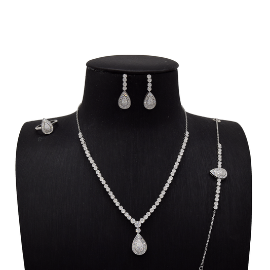 Sterling Silver Pear‑Shaped Halo Bridal Set with Flower Cluster Chain