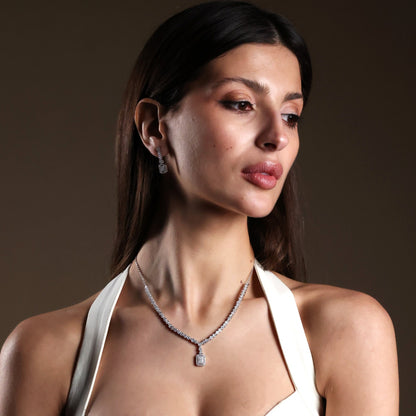 Sterling Silver Bridal Set Halo Pavé Rectangle Drop & Blossom Chain