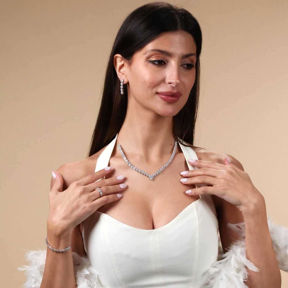 Sterling Silver Round Blossom Bridal Set V‑Shape Flower Chain
