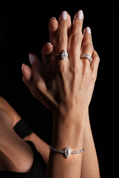 Sterling Silver Pear‑Shaped Halo Bridal Set with Flower Cluster Chain