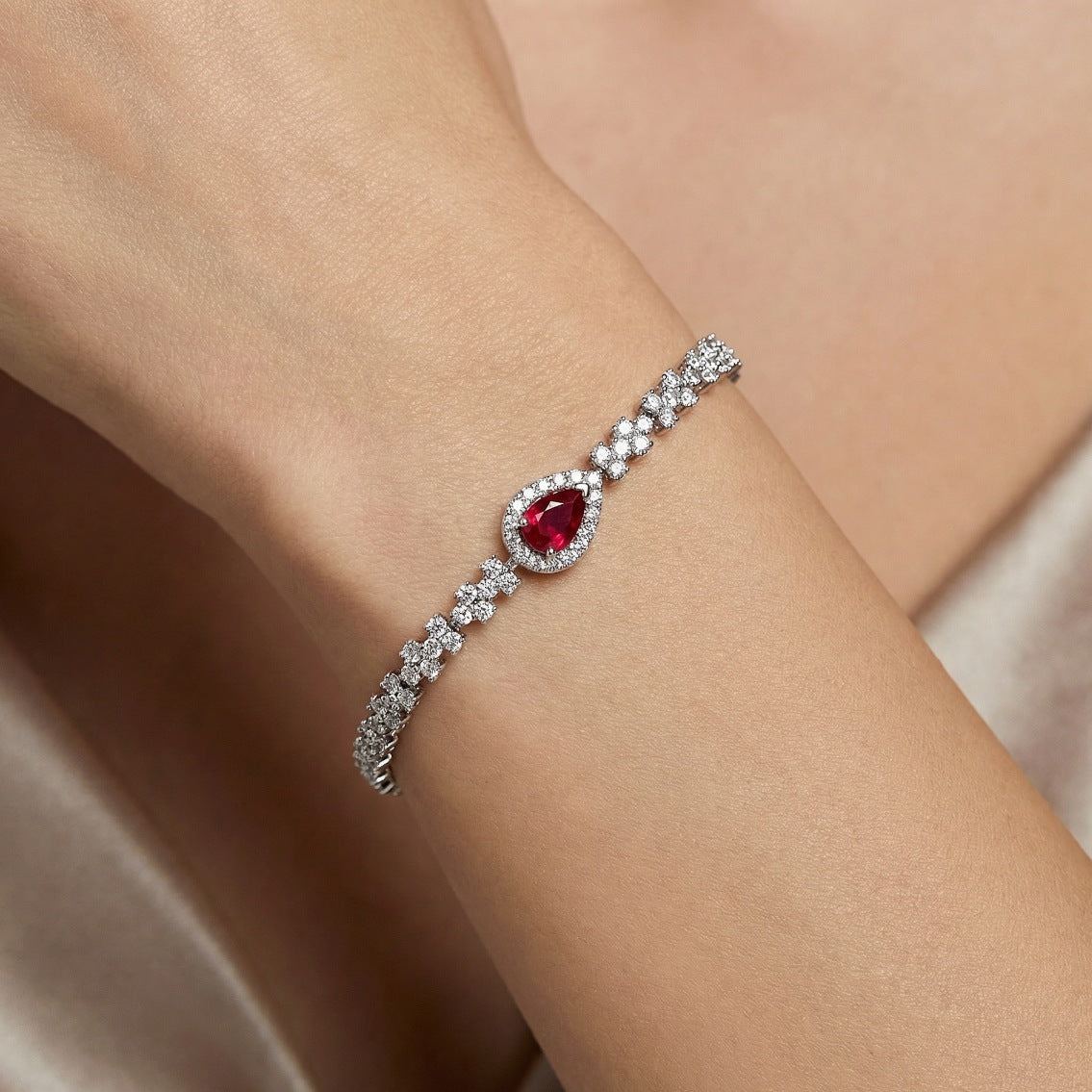 Ruby Pear Halo Tennis Bracelet