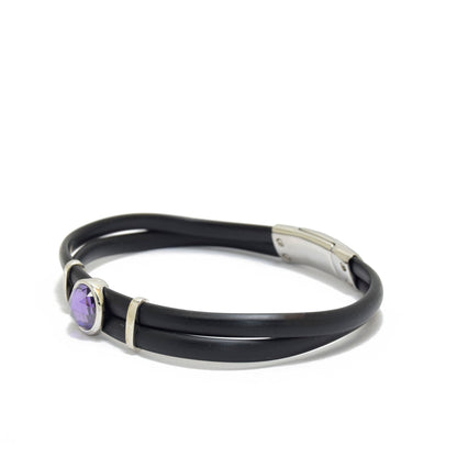 Silver Rubber Bracelet with Purple Stone