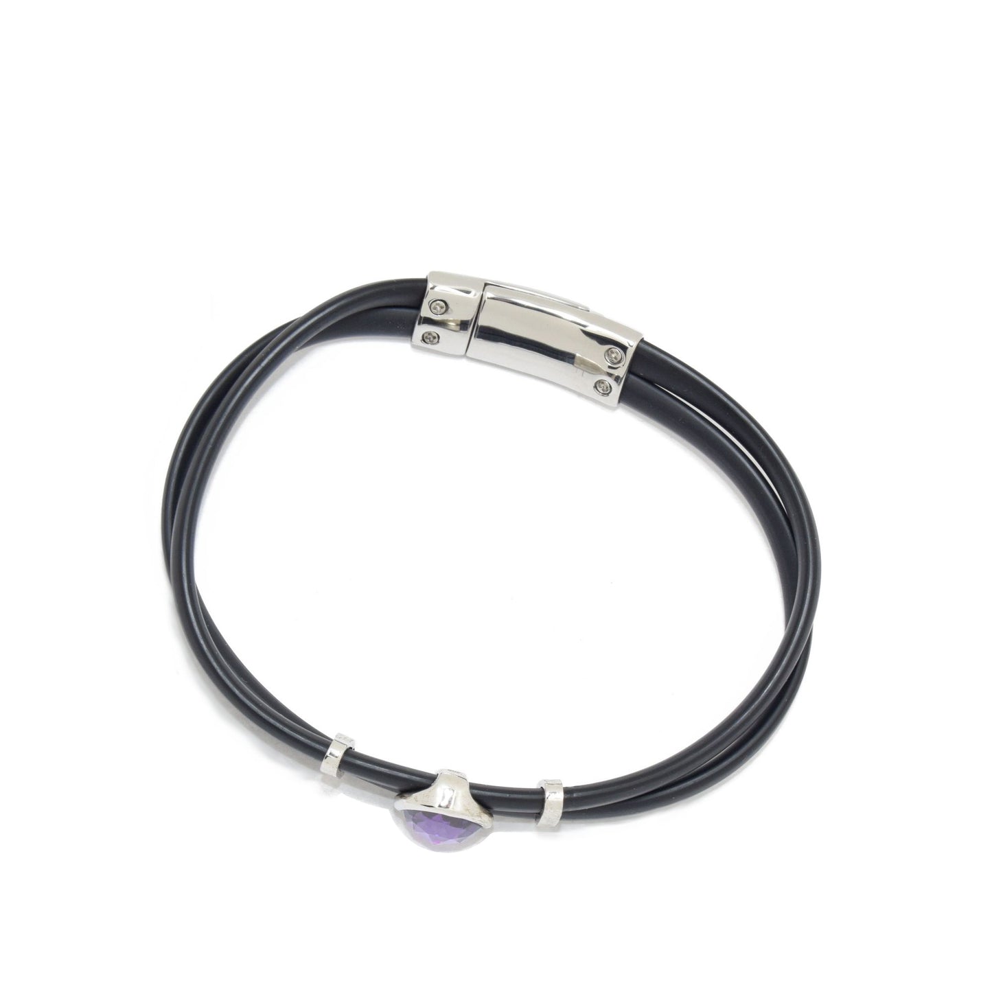 Silver Rubber Bracelet with Purple Stone