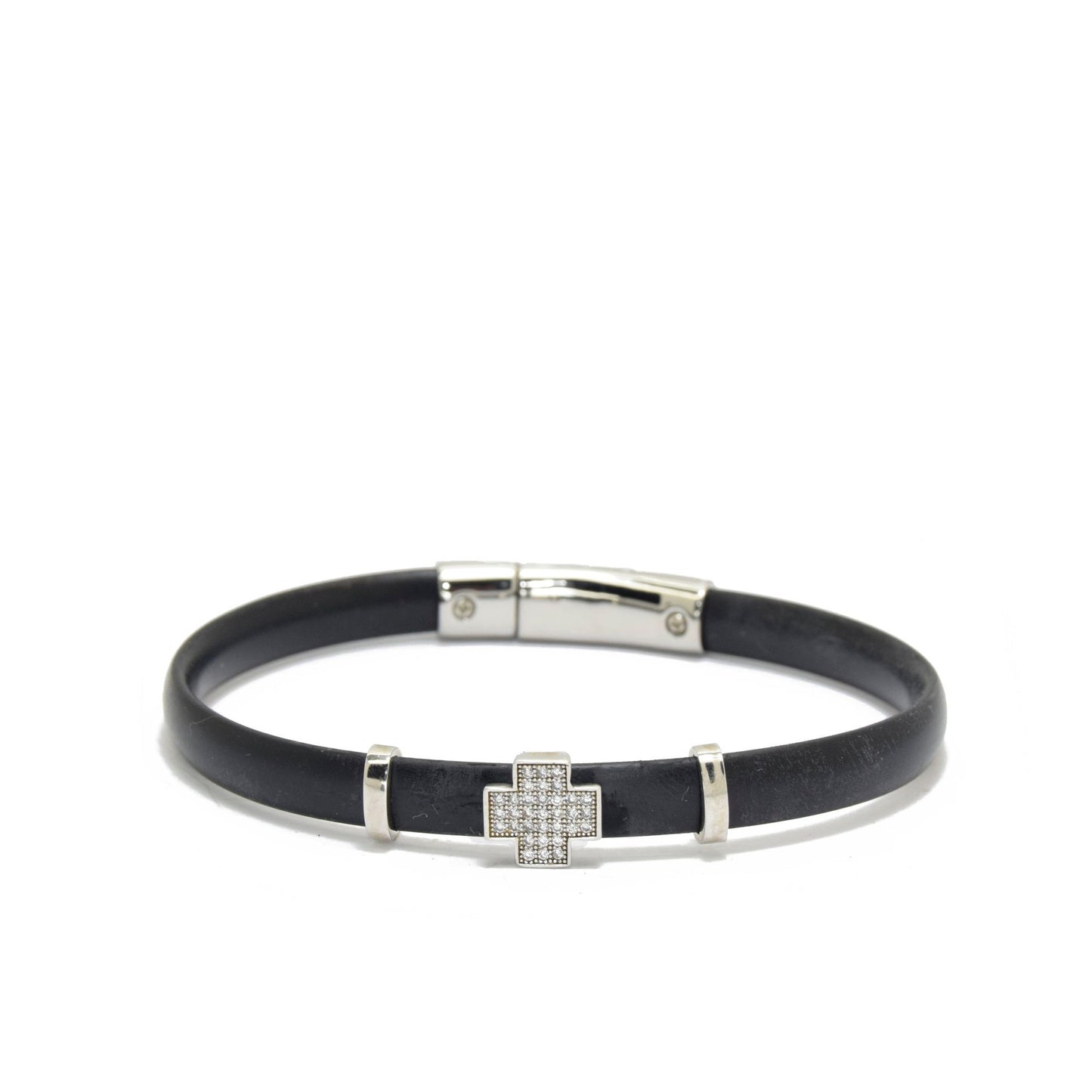 Sparkling Cross Silver Rubber Bracelet