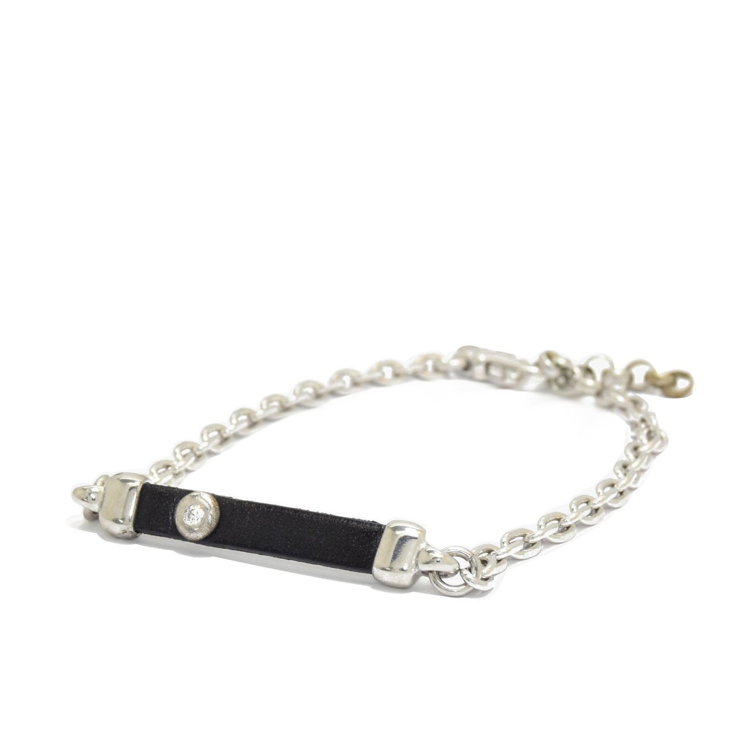 Black Leather Silver Chain Bracelet