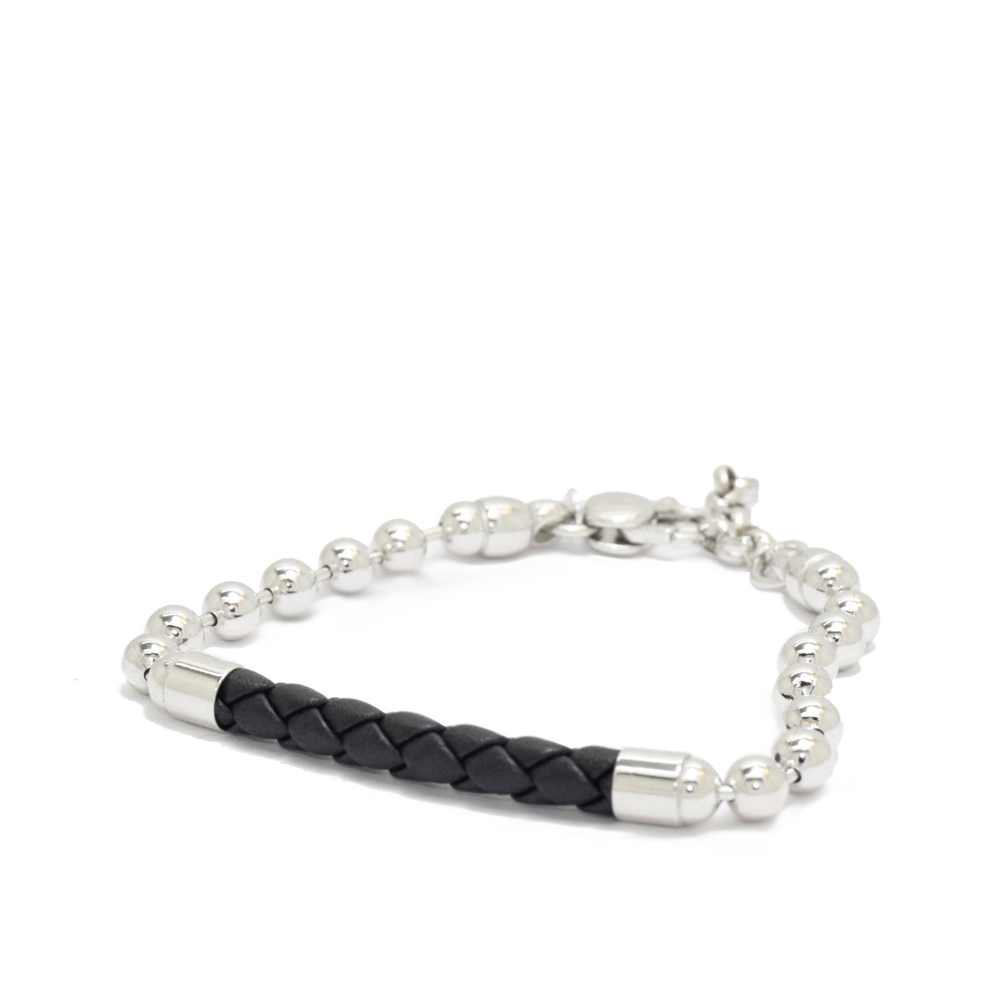 Silver Ball Chain Bracelet with a Braided Leather Center