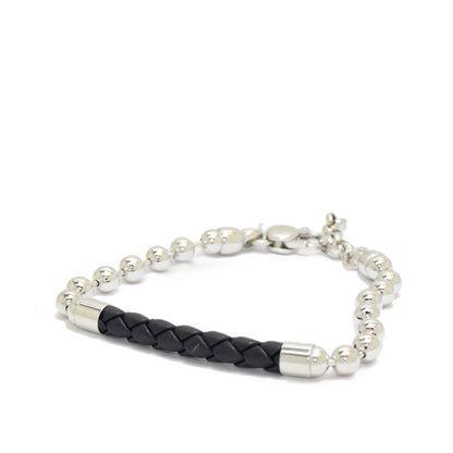 Silver Ball Chain Bracelet with a Braided Leather Center