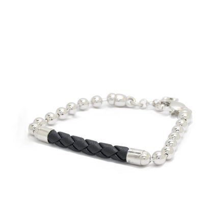 Silver Ball Chain Bracelet with a Braided Leather Center