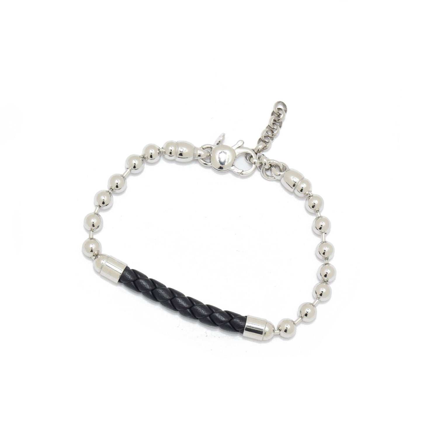 Silver Ball Chain Bracelet with a Braided Leather Center