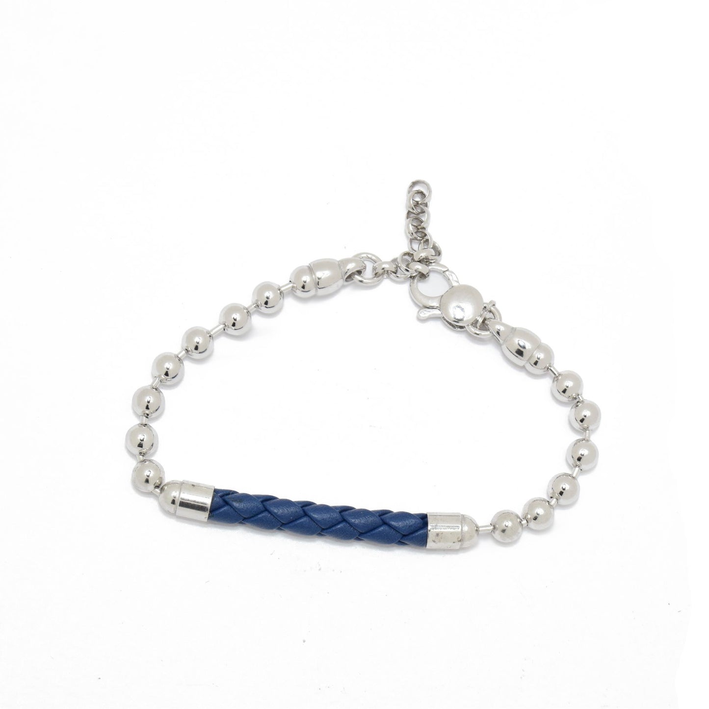 Silver Ball Chain Bracelet with a Braided Leather Center