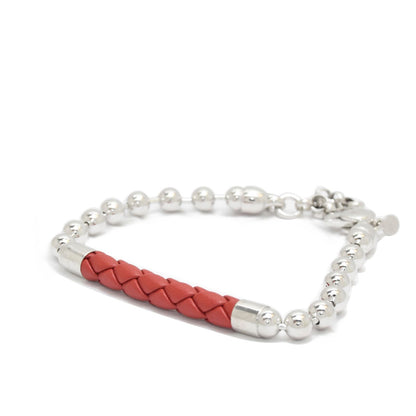 Silver Ball Chain Bracelet with a Braided Leather Center